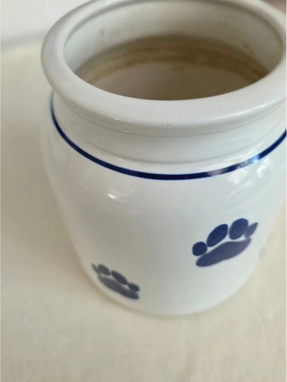White Ceramic Paw Print Crock Jar Blue Paws Pet Treat Holder Utensil Vase